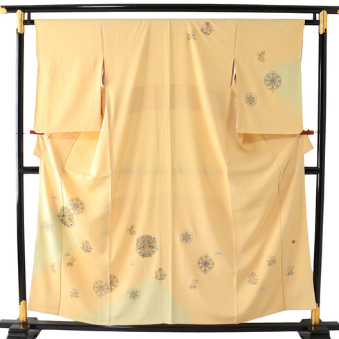 訪問着 リサイクル 身丈153.7cm 裄64.4cm 袷 向かい鳥に華紋柄 箔 ゆったりサイズ オレンジ Sサイズ セミフォーマル お洒落 正絹 広衿 Sランク