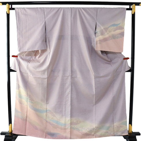 訪問着 リサイクル 身丈163cm 裄64.8cm 袷 染め紬 パールトーン加工 道長取り パープル Lサイズ お洒落 正絹 広衿 Sランク