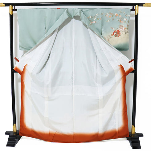 付下げ リサイクル 身丈164.5cm 裄65.2cm 袷 雪輪 花柄 地紋 箔加工 グリーン Lサイズ セミフォーマル お洒落 正絹 広衿 Sランク