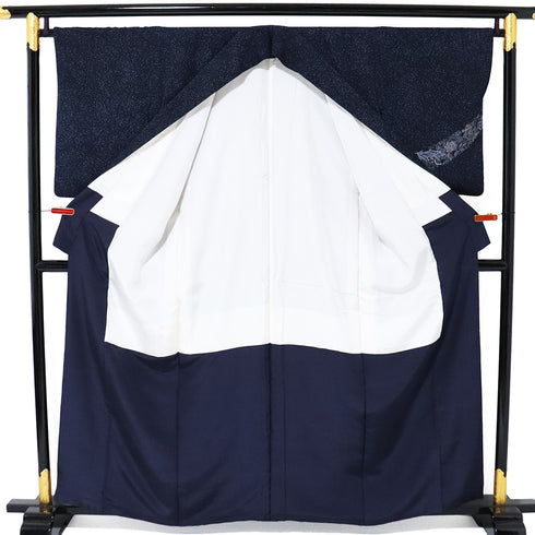 付下げ リサイクル 身丈159cm 裄68cm 袷 鳳凰更紗柄 たたき 地紋 ネイビー Mサイズ お洒落 正絹 広衿 Sランク