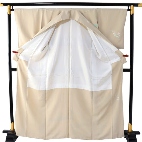 訪問着 リサイクル 身丈162.8cm 裄66.8cm 袷 箔加工 牡丹柄 ベージュ Lサイズ 正絹 広衿 Sランク