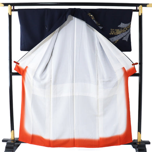 付下げ リサイクル 身丈159.2cm 裄63.2cm 袷 部分絞り 刺繍加工 箔加工 七宝柄 小花柄 ネイビー Mサイズ お洒落 正絹 広衿 Aランク