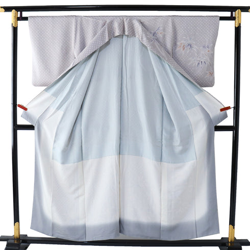 付下げ リサイクル 身丈150.5cm 裄61.4cm 袷 竹柄 絞り 相良刺繍 グレー Sサイズ セミフォーマル お洒落 正絹 広衿 Sランク