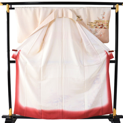 付下げ リサイクル 身丈158cm 裄64.8cm 袷 立花柄 菊柄 金駒刺繍 地紋 ピンク Mサイズ セミフォーマル 落款 正絹 広衿 Sランク