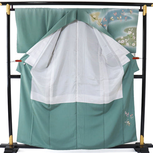 訪問着 リサイクル 身丈158cm 裄66.4cm 袷 花草模様 グリーン Mサイズ セミフォーマル 落款 しつけ糸 正絹 広衿 未使用品