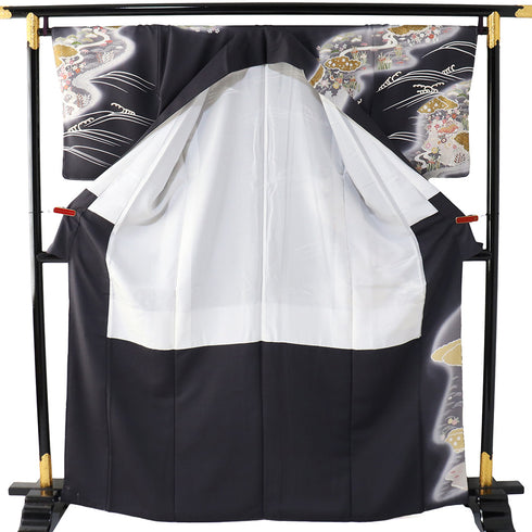 訪問着 リサイクル 身丈165cm 裄68cm 袷 花や松柄 金駒刺繍 箔 グレー Lサイズ セミフォーマル フォーマル しつけ糸 正絹 広衿 Sランク