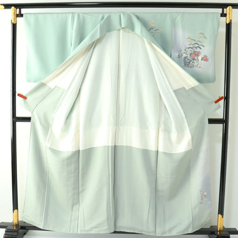 訪問着 リサイクル 身丈155.2cm 裄65.2cm 袷 松竹梅柄 グリーン Sサイズ セミフォーマル お洒落 正絹 広衿 Sランク