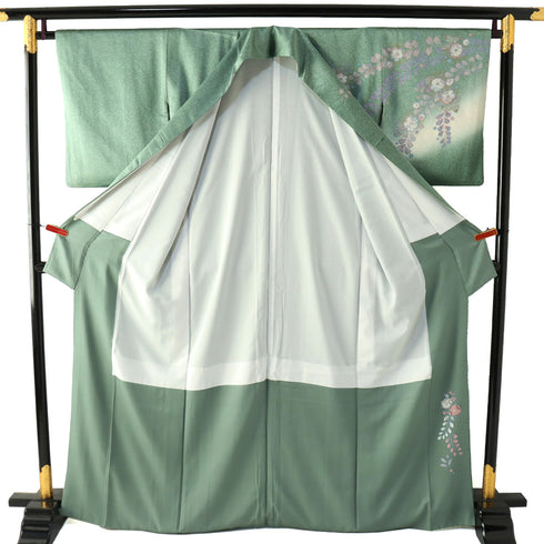 訪問着 リサイクル 身丈166.3cm 裄66cm 袷 ミシン仕立て 後絞り加工 辻が花模様 胴裏化繊 グリーン LLサイズ お洒落 正絹 広衿 Aランク