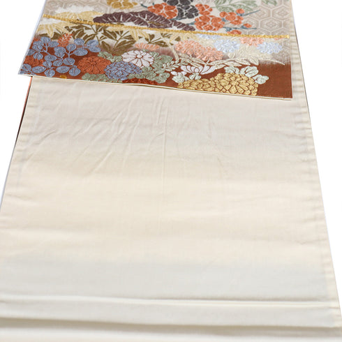 袋帯 リサイクル 帯丈424cm 六通 松や菊に草花模様 刺繍 唐錦 四季草花文 ブラウン Sサイズ 正絹 Sランク フォーマル セミフォーマル