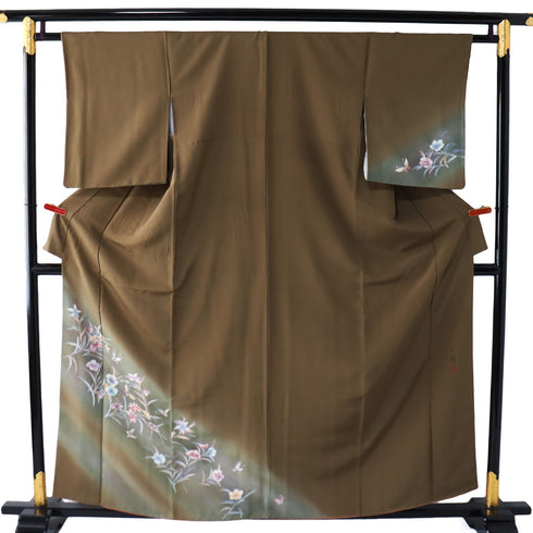 付下げ リサイクル 身丈158.5cm 裄63.2cm 袷 花柄 草野一騎 ブラウン Mサイズ セミフォーマル お洒落 正絹 広衿 Sランク