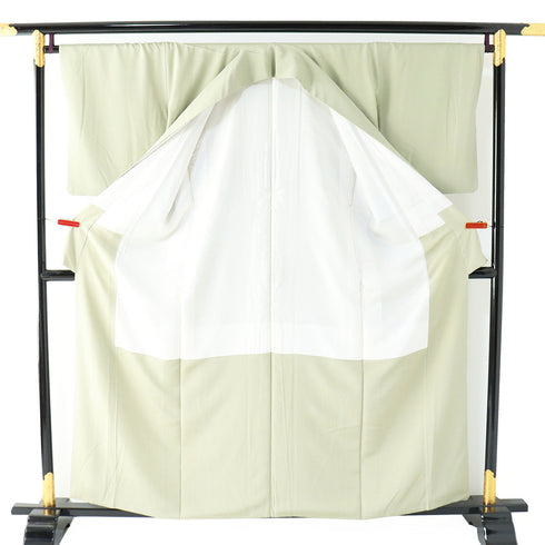 訪問着 リサイクル 身丈157.7cm 裄67.8cm 袷 山に霞模様 刺繍 箔 グリーン Mサイズ お洒落 セミフォーマル 正絹 広衿 Aランク