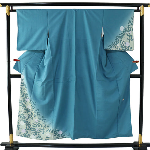 付下げ リサイクル 身丈147.5cm 裄63.8cm 袷 結城紬 五月みどりプロデュース 花柄 ブルー SSサイズ お洒落 正絹 広衿 Sランク