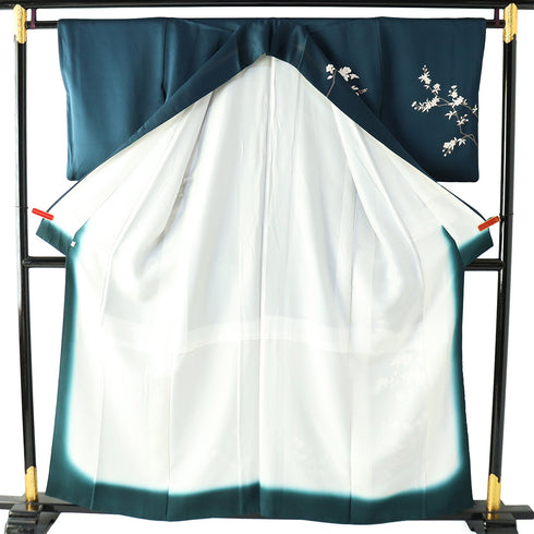 付下げ リサイクル 身丈156.7cm 裄62.6cm 袷 椿や花枝模様 箔加工 パールトーン加工 ネイビー Mサイズ フォーマル セミフォーマル 正絹 広衿 Aランク