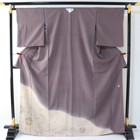 色留袖 リサイクル 身丈166.2cm 裄66.4cm 袷 おぼろ染め 相良刺繍 絞り 滝奏 パープル LLサイズ セミフォーマル 落款 一つ紋 正絹 広衿 Sランク
