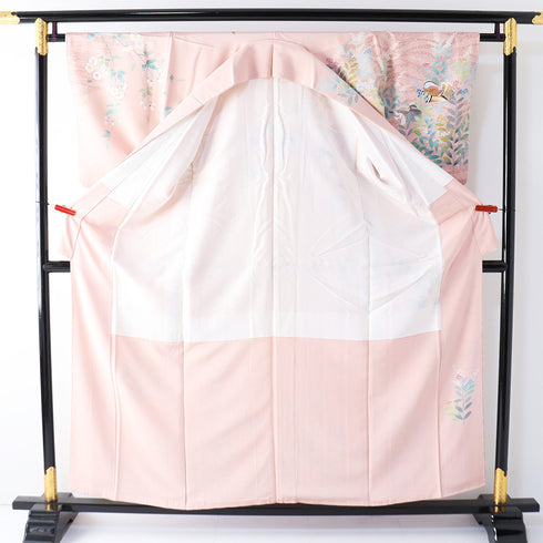 訪問着 リサイクル 身丈156.7cm 裄64cm 袷 鴛鴦や花柄 ピンク Mサイズ セミフォーマル お洒落 正絹 広衿 Sランク