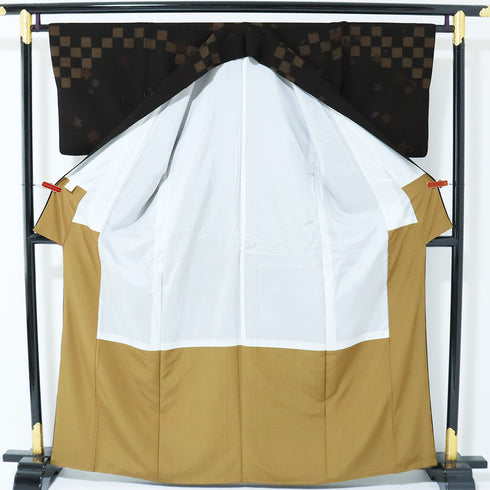 付下げ リサイクル 身丈162cm 裄64.8cm 袷 市松に桜柄 ブラウン Lサイズ お洒落 ポリエステル 広衿 Sランク