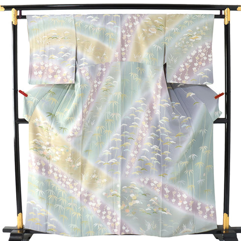 訪問着 リサイクル 身丈156.8cm 裄64.4cm 袷 松竹梅柄 四季草花柄 多色 Mサイズ セミフォーマル お洒落 正絹 広衿 Sランク