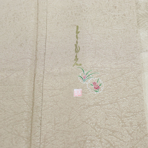 訪問着 リサイクル 身丈165cm 裄72cm 袷 地紋 ブラウン Lサイズ お洒落 セミフォーマル 落款 一つ紋 正絹 広衿 Sランク