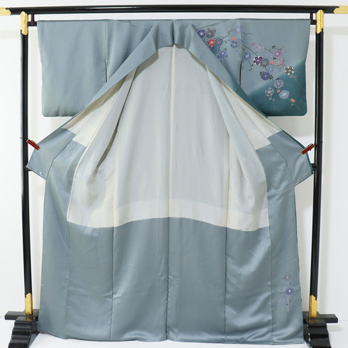訪問着 リサイクル 身丈166.5cm 裄66.8cm 袷 蝶や松に枝垂れ桜柄 金駒刺繍 箔 パールトーン加工 ブルー LLサイズ セミフォーマル お洒落 一つ紋 正絹 広衿 Sランク