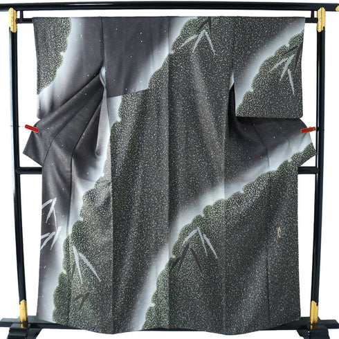 訪問着 リサイクル 身丈156.3cm 裄64.4cm 袷 雪輪染わけや竹柄 グレー Mサイズ お洒落 落款 正絹 広衿 Sランク