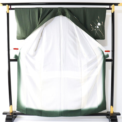 付下げ リサイクル 身丈157.2cm 裄62.4cm 袷 胡蝶蘭 草花柄 箔 グリーン Mサイズ フォーマル セミフォーマル 正絹 広衿 Sランク