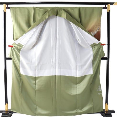 訪問着 リサイクル 身丈162cm 裄64.8cm 袷 雪輪柄 花柄 金彩加工 汕頭刺繍 地紋あり グリーン Lサイズ フォーマル セミフォーマル 一つ紋 正絹 広衿 Sランク