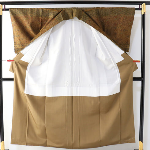 訪問着 リサイクル 身丈152.7cm 裄63.8cm 袷 型染め 青海波や草花柄 織り出し 大島紬 ブラウン Sサイズ お洒落 正絹 広衿 Sランク