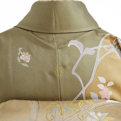 訪問着 リサイクル 身丈149cm 裄62.4cm 袷 花唐草模様 刺繍 金駒 ブラウン SSサイズ セミフォーマル 落款 一つ紋 正絹 広衿 Sランク