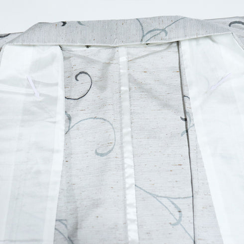 紬 リサイクル 身丈155.5cm 裄64.6cm 単衣 ぜんまい織 唐草模様 グレー Mサイズ カジュアル お洒落 証紙 混合 洗える着物 広衿 Sランク
