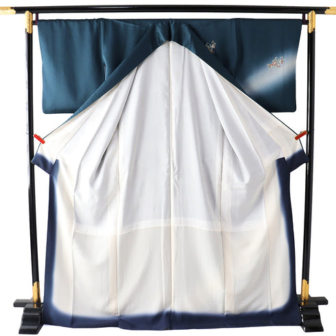 付下げ リサイクル 身丈170.8cm 裄68.4cm 袷 鳳凰に花唐草柄 地紋 箔 金彩 螺鈿風 ネイビー LLサイズ お洒落 正絹 広衿 Sランク