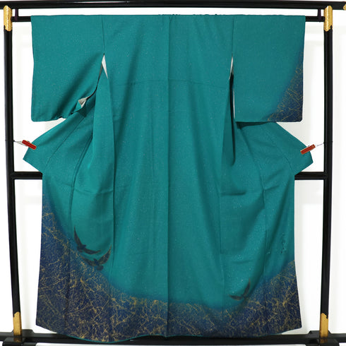 訪問着 リサイクル 身丈152.6cm 裄63.2cm 袷 斎藤三才作 三才鳥 箔加工 グリーン Sサイズ お洒落 正絹 広衿 Sランク