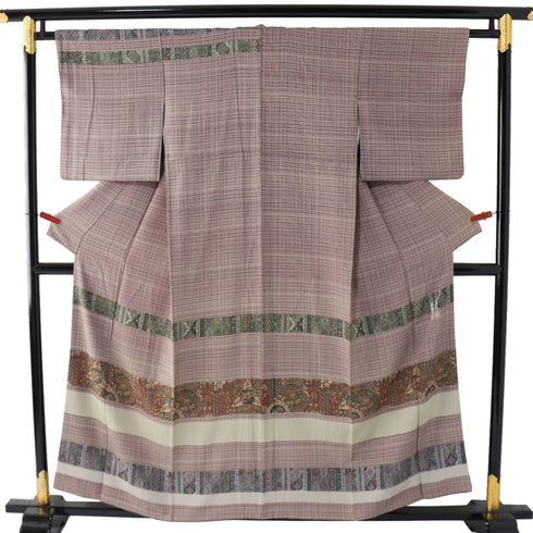 付下げ リサイクル 身丈153.5cm 裄46.5cm 袷 横縞柄 花柄 多色 Sサイズ お洒落 落款 正絹 広衿 Sランク