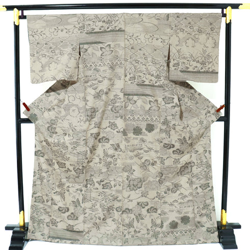 紬 リサイクル 身丈168.8cm 裄66.2cm 袷 花柄 蝶柄 ガード加工 アイボリー LLサイズ お洒落 カジュアル 正絹 広衿 Sランク