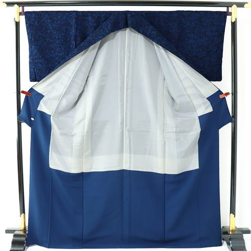 付下げ リサイクル 身丈168cm 裄67.6cm 袷 小紋 菊唐草文様 草花柄 ブルー LLサイズ お洒落 正絹 広衿 Sランク