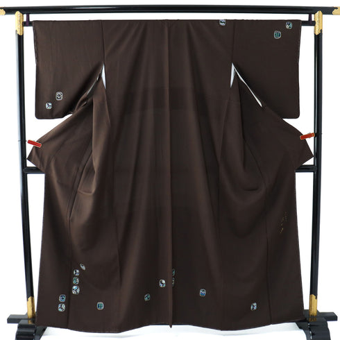 訪問着 リサイクル 身丈158.7cm 裄66cm 袷 箔加工 抽象柄 ゆったりサイズ ブラウン Mサイズ お洒落 正絹 広衿 Sランク