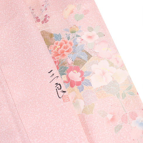 訪問着 リサイクル 身丈162.3cm 裄67.4cm 袷 地紙に牡丹柄 ピンク Lサイズ フォーマル セミフォーマル 落款 正絹 広衿 Sランク