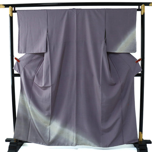 訪問着 リサイクル 身丈159cm 裄66.4cm 袷 紬 ゆったりサイズ 源氏香柄 青海派模様 松尾光琳作 パープル Mサイズ お洒落 落款 しつけ糸 正絹 広衿 Sランク