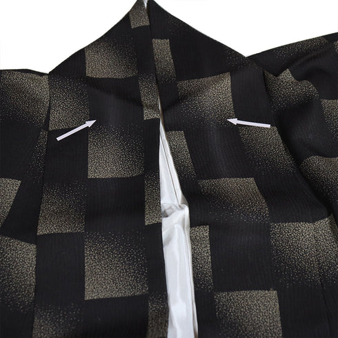 小紋 リサイクル 身丈162.8cm 裄66.4cm 袷 市松や石畳柄 たたきやぼかし柄 地紋 ブラック Lサイズ カジュアル お洒落 正絹 広衿 Aランク