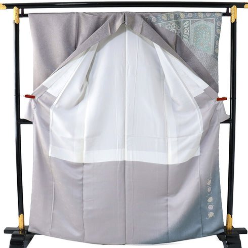 訪問着 身丈163.5cm 裄64.4cm 袷 オリエンタル柄 グレー Lサイズ セミフォーマル お洒落 正絹 広衿 Sランク