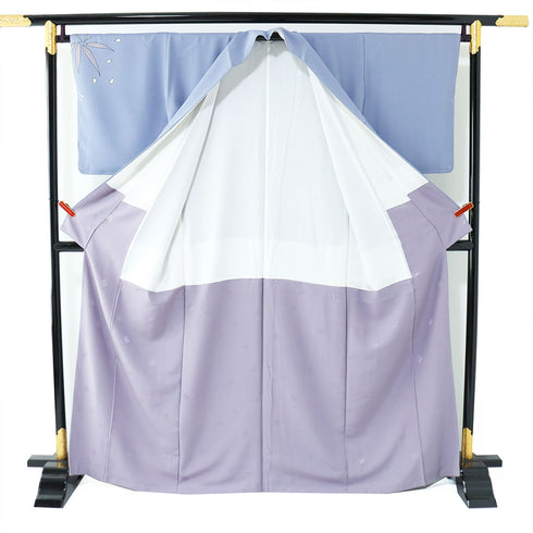 訪問着 リサイクル 身丈163.8cm 裄66.2cm 袷 源氏香 竹柄 夢や ゆったりサイズ ブルー Lサイズ お洒落 セミフォーマル 落款 しつけ糸 正絹 広衿 Sランク