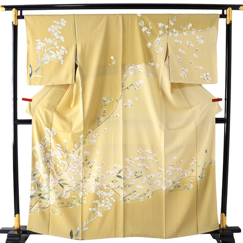 訪問着 リサイクル 身丈159.7cm 裄66.4cm 袷 花枝柄 加賀友禅 イエロー Mサイズ セミフォーマル お洒落 正絹 広衿 Sランク