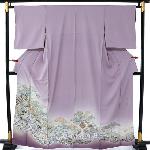 色留袖 リサイクル 身丈160.5cm 裄64.2cm 袷 宮延鳳凰風 比翼無し パープル Lサイズ 落款 一つ紋 正絹 広衿 Sランク