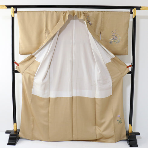 訪問着 リサイクル 身丈167.3cm 裄68.2cm 袷 地紋 金彩秋草模様 刺繍 ブラウン LLサイズ セミフォーマル 正絹 広衿 Sランク