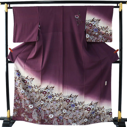 訪問着 リサイクル 身丈161cm 裄64cm 袷 辻ヶ花模様 後絞り 箔加工 松本孝美作 パープル Lサイズ お洒落 落款 しつけ糸 正絹 広衿 Sランク