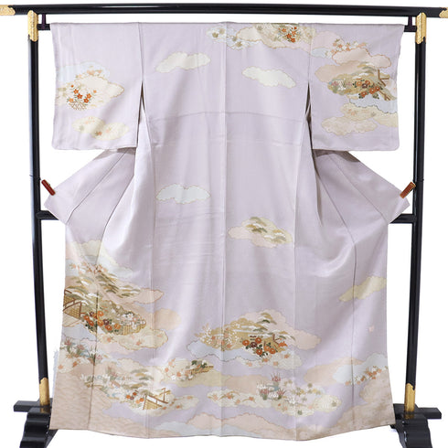 訪問着 リサイクル 身丈164.3cm 裄66.2cm 袷 雪取に松菊柄 箔 金駒刺繍 パープル Lサイズ セミフォーマル フォーマル 落款 しつけ糸 正絹 広衿 Sランク