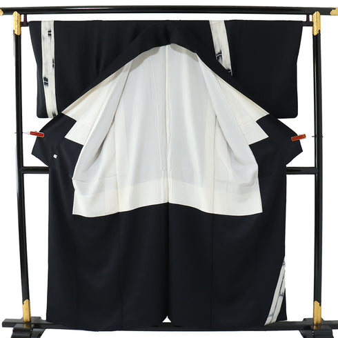 訪問着 リサイクル 身丈154.5cm 裄65.6cm 袷 竹柄 パールトーン加工 ブラック Sサイズ お洒落 正絹 広衿 Aランク