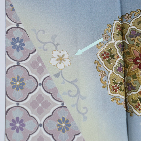 色留袖 リサイクル 身丈163cm 裄64.4cm 袷 華紋柄 箔 比翼無し ブルー Lサイズ 落款 一つ紋 正絹 広衿 Sランク