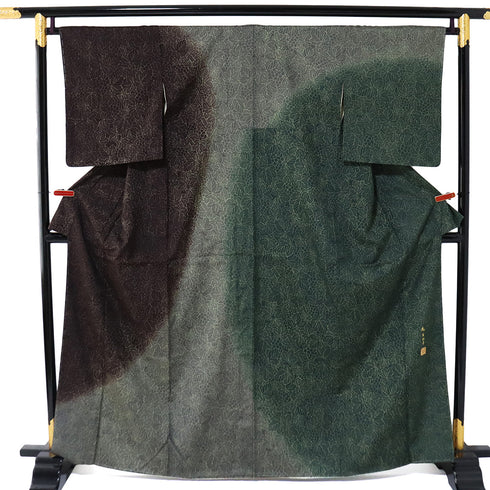 訪問着 リサイクル 身丈163.8cm 裄66.4cm 袷 結城紬 葡萄柄 グリーン Lサイズ お洒落 正絹 広衿 Sランク