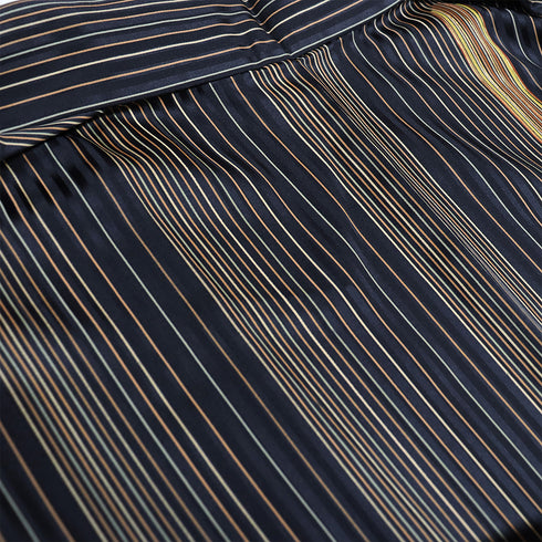 小紋 リサイクル 身丈164cm 裄69.6cm 袷 パールトーン加工 縞模様 矢羽根柄 地紋あり 箔加工 ネイビー Lサイズ お洒落 正絹 広衿 Sランク