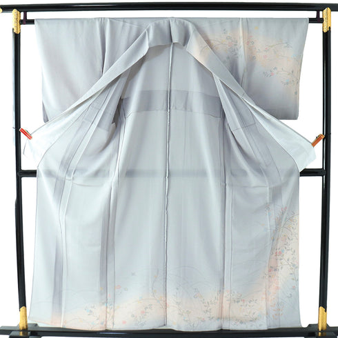 訪問着 リサイクル 夏着物 身丈154.5cm 裄63.8cm 絽 菊や秋草柄 ぼかし グレー Sサイズ セミフォーマル お洒落 一つ紋 しつけ糸 正絹 広衿 Sランク